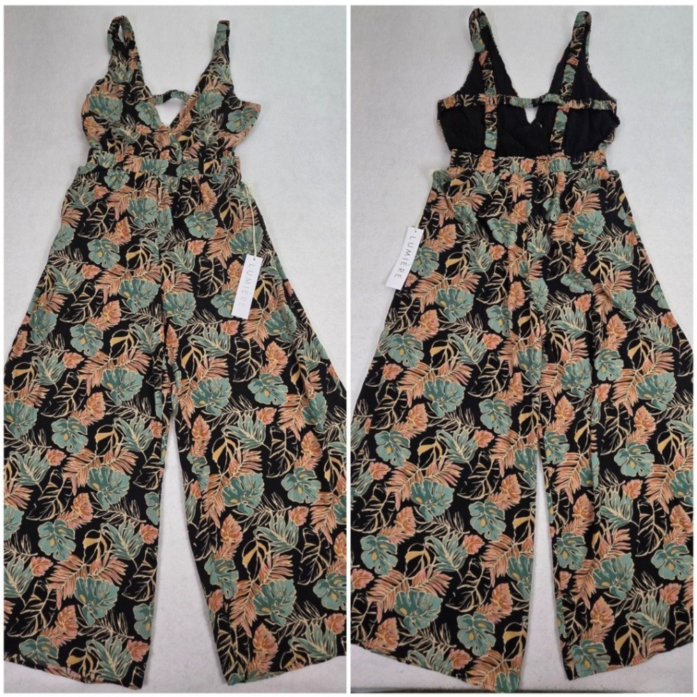 Lumiere Women Large Jumpsuit Black Tropical Floral NWT Wide Leg Palm Leaf Romper